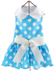 Blue Polka Dots Harness Party Dress with matching Leash set in Blue/White