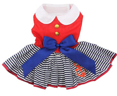 Sailor Themed Party Dress with Charm and matching Leash - Red White and Blue Nautical Stripe
