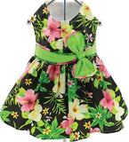Black Hawaiian Hibiscus Floral Party Dress with charm and leash for dogs