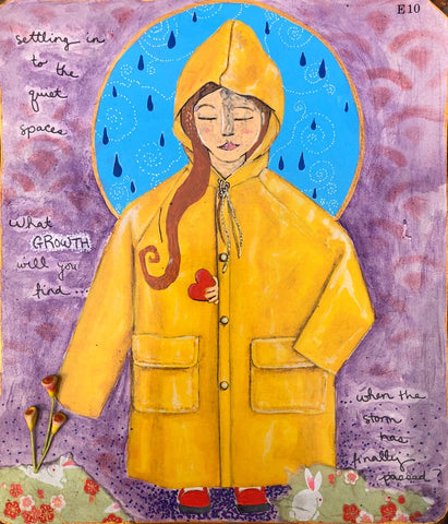 artwork portraying a young girl in an oversized yellow rain jacket
