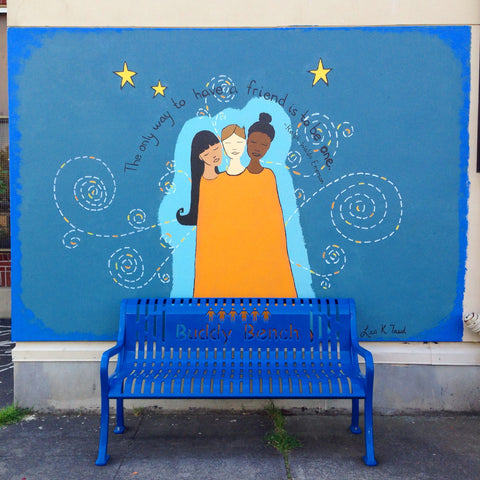Friendship Mural behind Buddy Bench by Portland, OR artist Lea K. Tawd