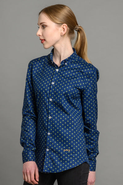 navy blue polka dot shirt womens