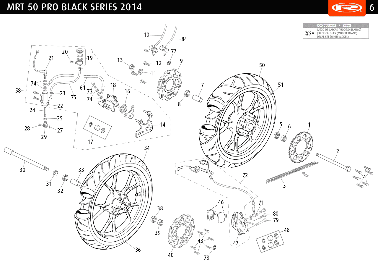 Technical diagram for a MRT 50 Pro SM Black Series 2014-15 Wheels and Brakes