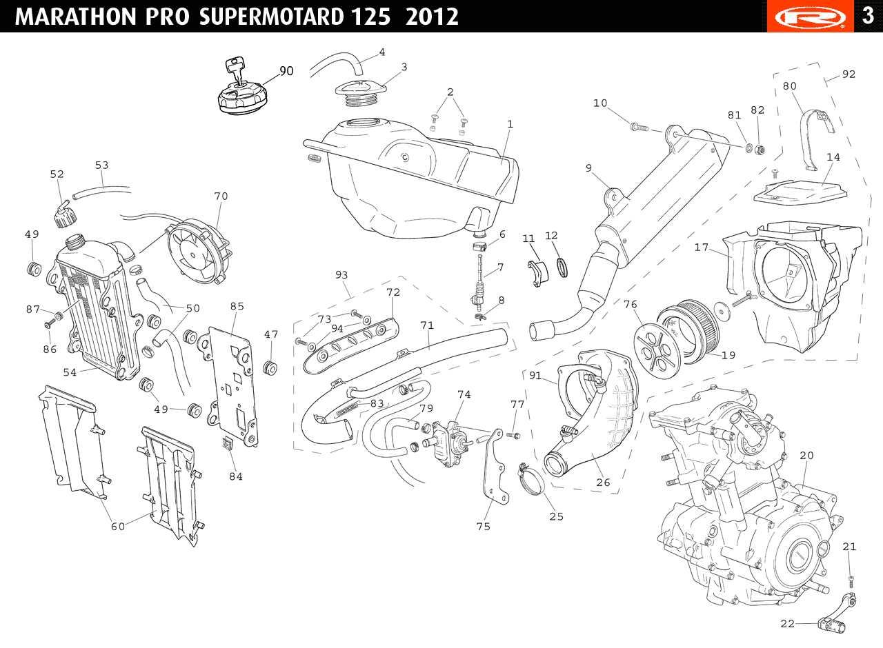 Technical diagram for a Marathon 125 Pro SM 2012-14 Tanks and Radiator