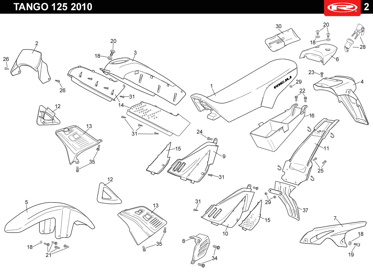 Technical diagram for a Tango 125 AC White 2010 Plastics