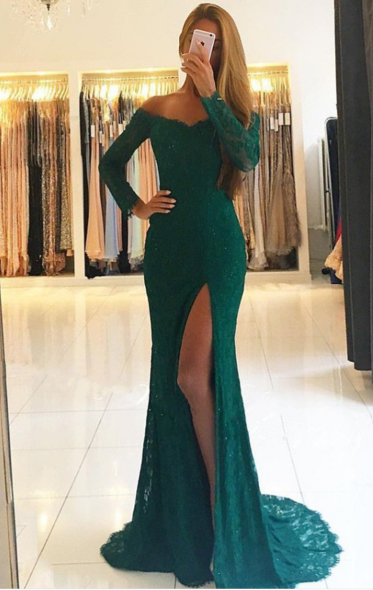 long sleeve green formal gown