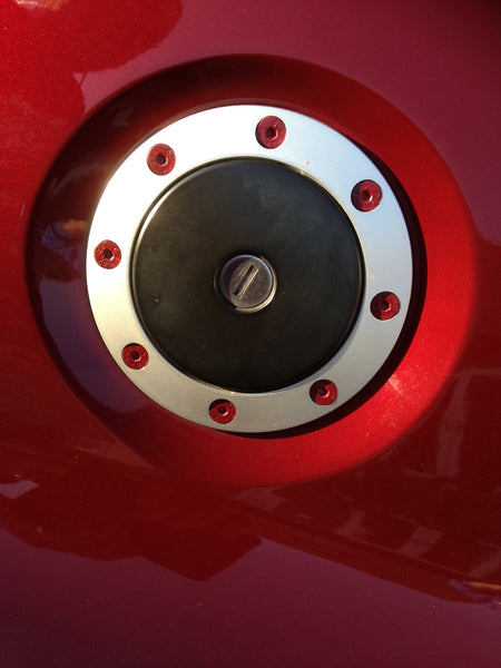 Red stainless steel Lotus Elise fuel cap surround bolts