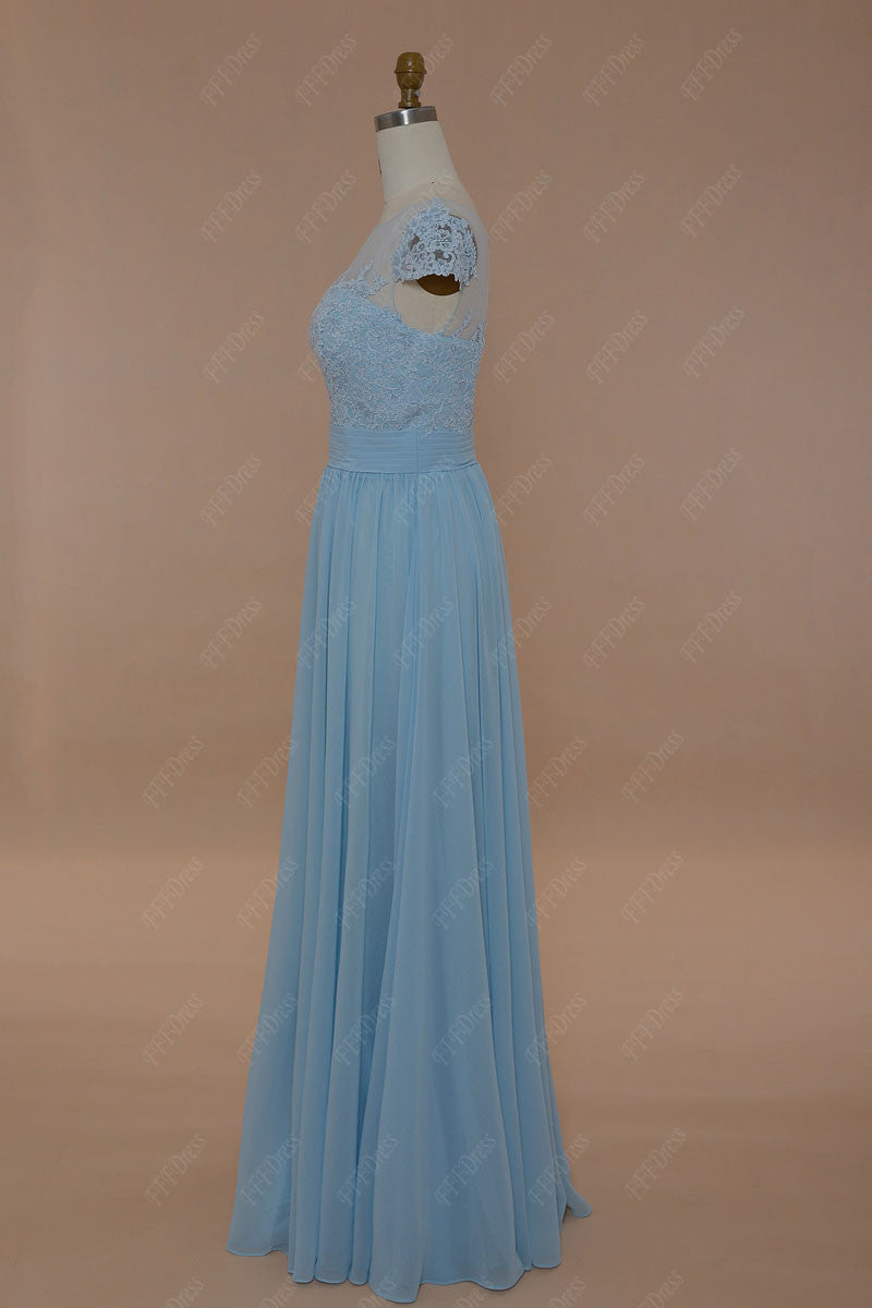 Ice Blue Lace Modest Prom Dresses Long With Cap Sleeves Fffdress 0910