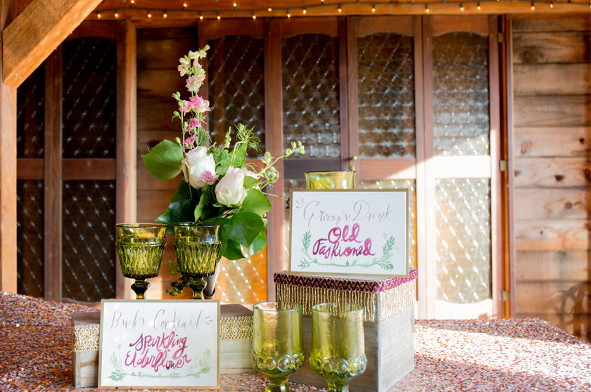 Bar Sign Menu Wedding Calligraphy Gold Pink Marsala Vines Greenery Signage