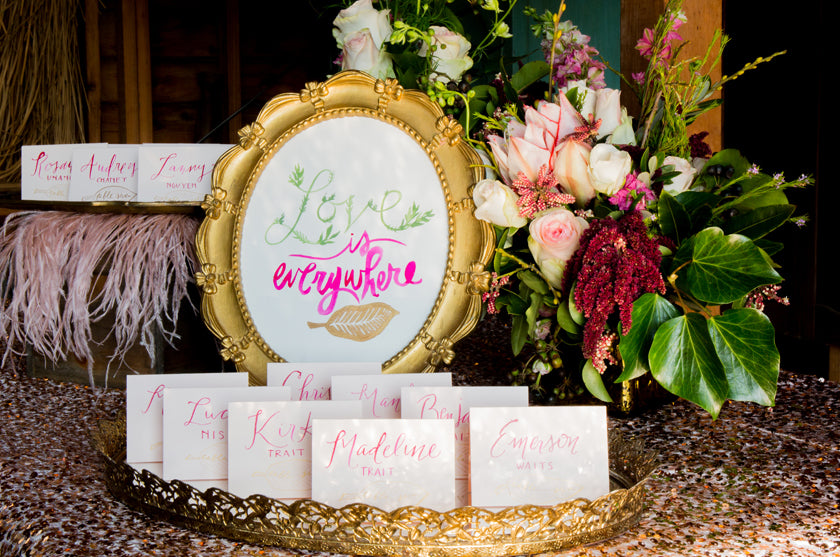 Escort Card Calligraphy Vines Watercolor Pink Feathers Sequins Rose Gold Ampersand SF Flowers 