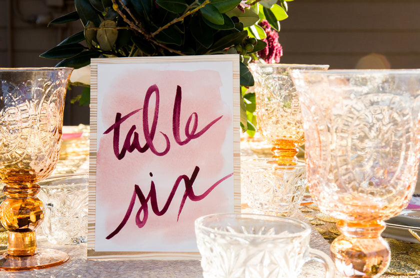Table Number Watercolor Calligraphy Pink Gold Hand Made