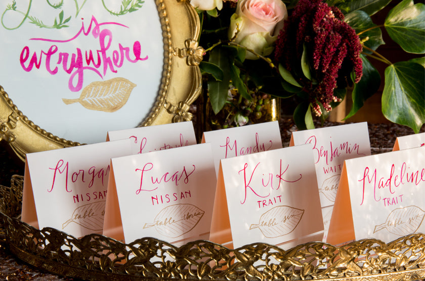 Escort Cards Place Calligraphy Leaf Illustrations Gold Pink Modern Magenta