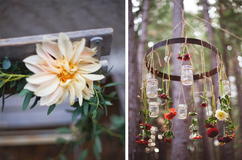 Boho Bohemian Forest Wedding Pigment & Parchment Northern California Mason Jar Candle Chandelier Dahlia Chair Back