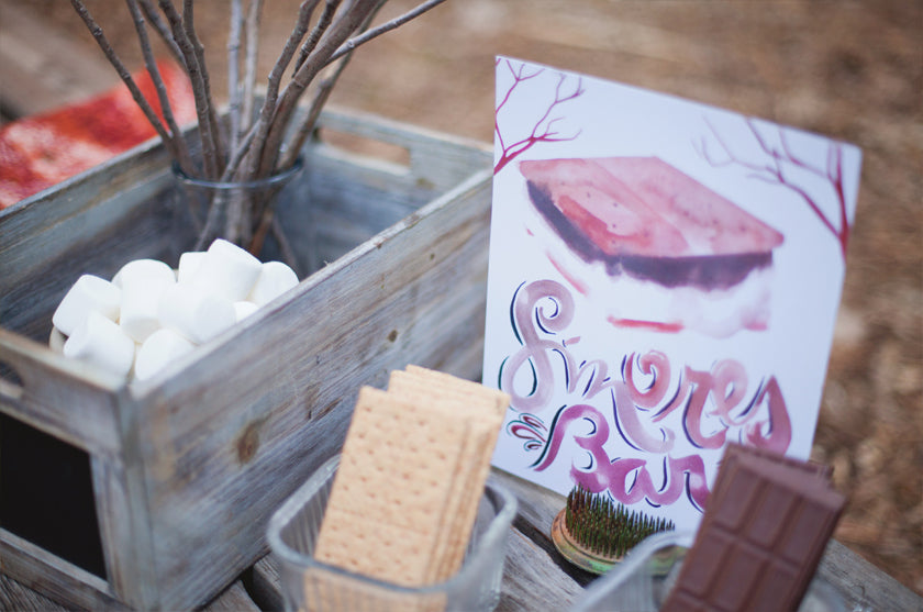 Smores Bar Signage Watercolor Dessert Sign Boho Bohemian Forest Wedding Pigment & Parchment Northern California