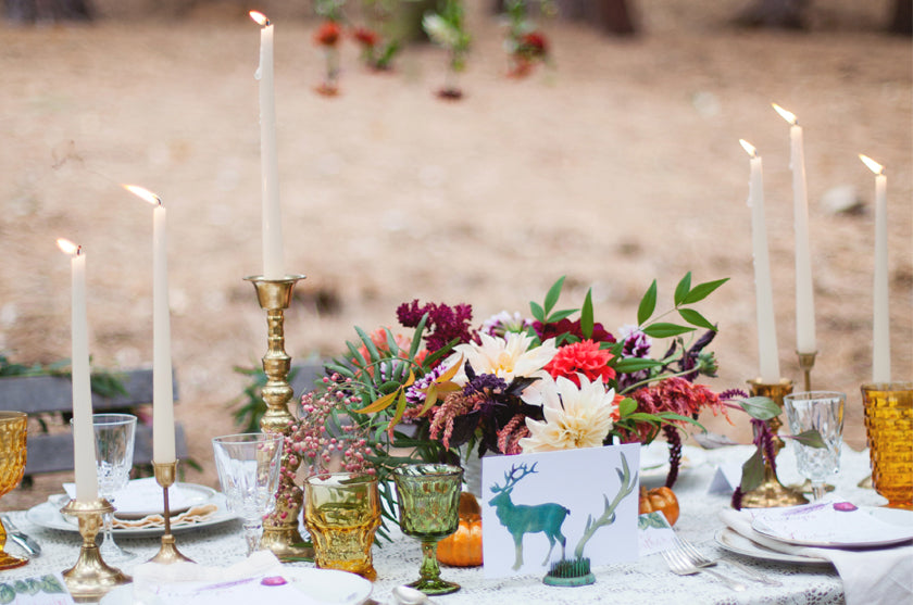 Boho Bohemian Forest Wedding Pigment & Parchment Northern California Table Number Deer Antlers Watercolor Taper Candles