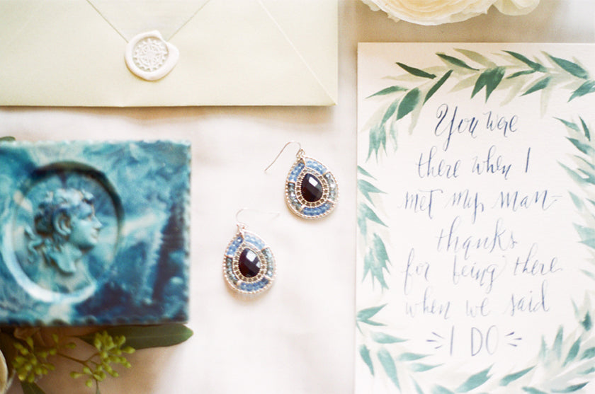 Bridesmaid Gift Card Calligraphy Jewelry Earrings Blue Garland Wreath Sapphire Cameo Ranunculus 