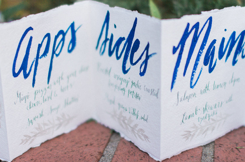 Wedding Menu Calligraphy Brush Lettering Accordion Blue Sapphire Hand Painted Silk & Willow Pigment and Parchment Lettering