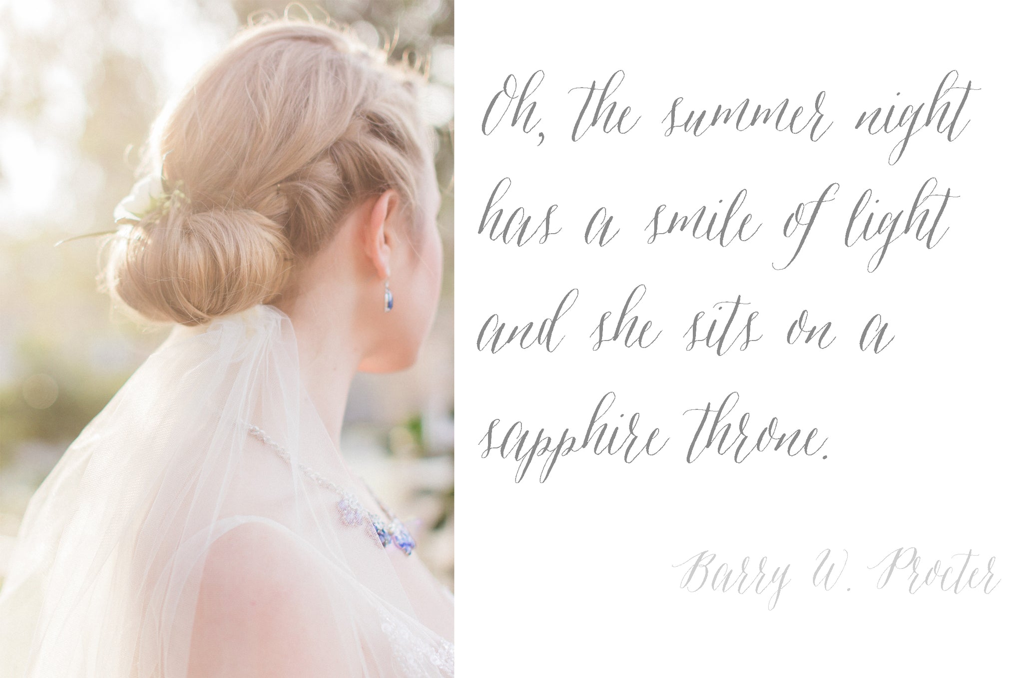 Sapphire Wedding Bride Flower Up Do Romantic Vintage Sun Quote Calligraphy 