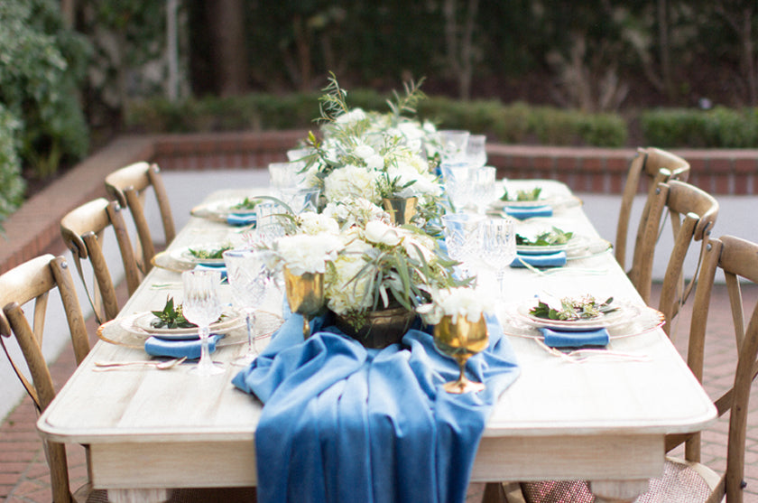 Wedding Blue Velvet Table Centerpieces Wood Gold Place Setting Greenery Event Design