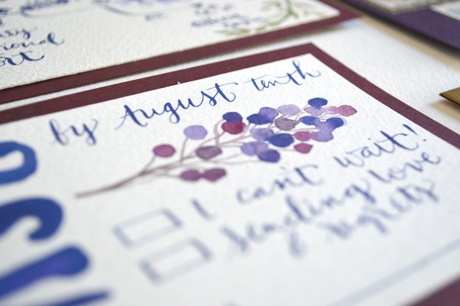 Watercolor Calligraphy Invitation Wedding Berry Fern Purple Pigment & Parchment
