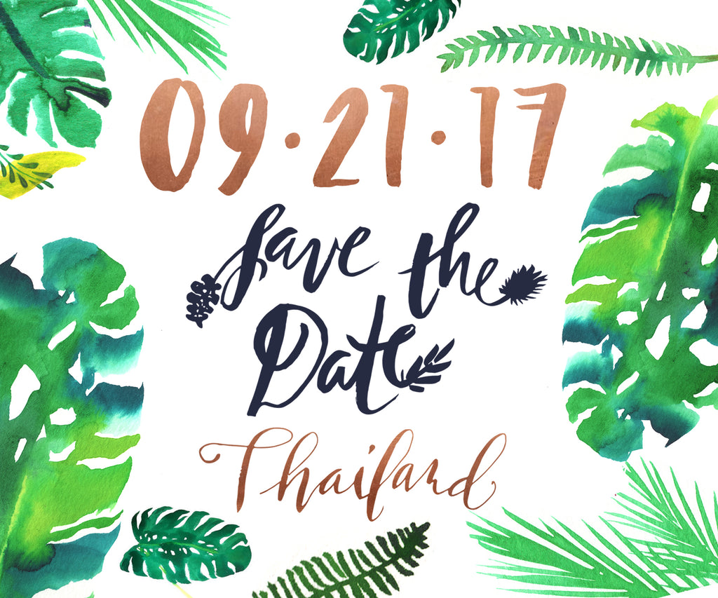 Save the Date Calligraphy Watercolor Tropical Palms Wanderlust Travel Thailand Greenery