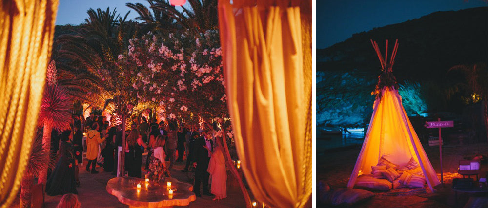 Tee Pee Beach Night Lit Up Drapes Palms Wedding Mykonos Greece Sand 