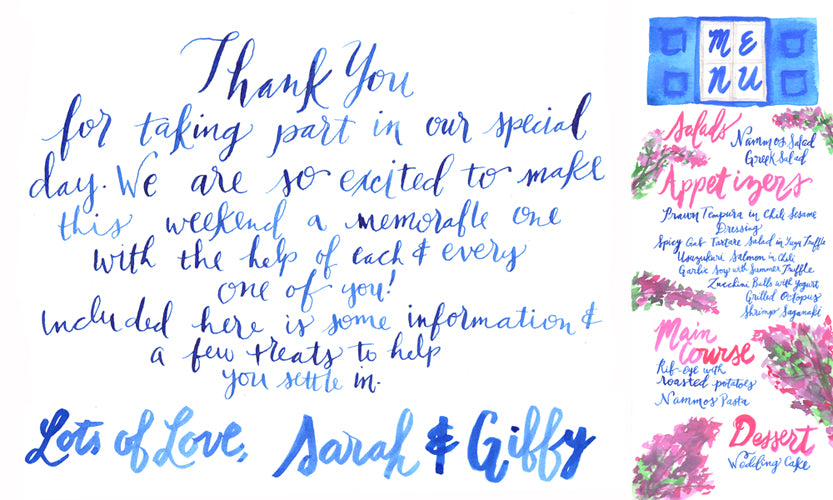 Menu Wedding Calligraphy Watercolor Bougainvillea Greek Blue Shutters Brush Lettering Flowers