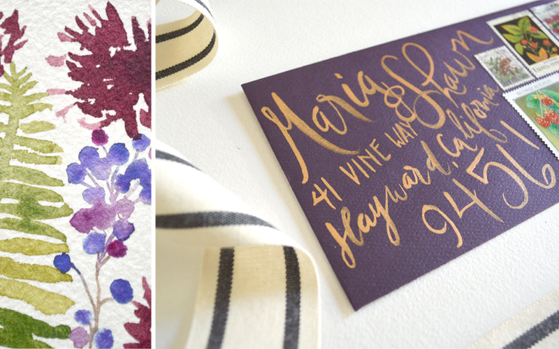 Watercolor Calligraphy Invitation Wedding Berry Fern Purple Pigment & Parchment