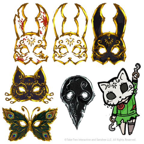 Early concepts for the Splicer Masquerade Blind Box collection and Chibi Kitty Splicer Pins