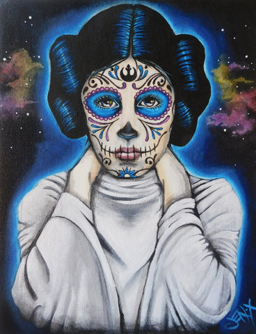 "Princess Leia" by JenX, $240. Part of Calavera Prelude, an art celebration and fundraising show for Bare Hands 14th Day of the Dead Festival! 10% of show sales benefit the Festival.