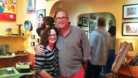 Wendy Jarvis and Pat Snow, at the opening reception for Calavera Prelude, an art celebration and fundraising show for Bare Hands 14th Day of the Dead Festival! 10% of show sales benefit the Festival.