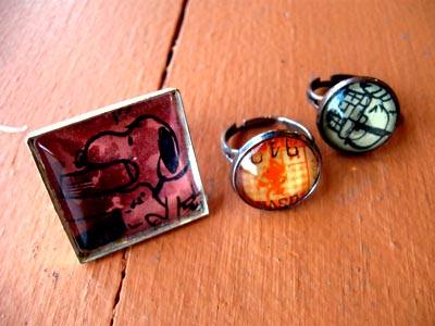 Square and round rings with vintage images by local maker Connie Hulsey. $10.00 and $14.00