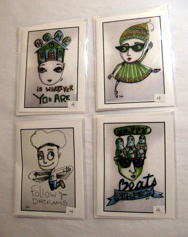 "New Optimist" greeting cards with envelope (blank inside) by local artist Véro. $4.00 each
