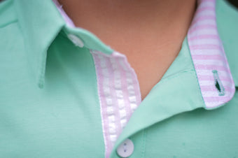 Boys Mint with Pink Seersucker Polo Shirt