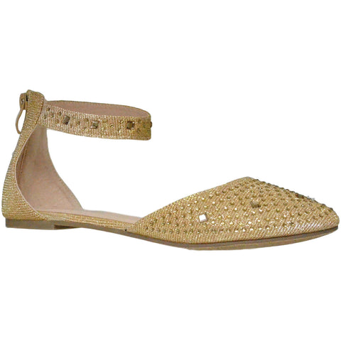 Womens Ballet Flats Rhinestone Pointed Toe Ankle Strap Flat Shoes Gold