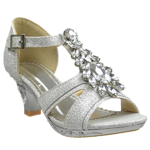 Girls T-Strap Jewel High Heel Dress Sandals Silver