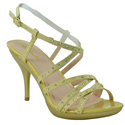 Womens Strappy Slingback High Heel Sandals Gold