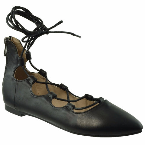 Womens Ghillie Lace Up Ballet Flats Black SOBEYO