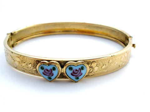 vintage gold filled bangle guilloche enamel hearts