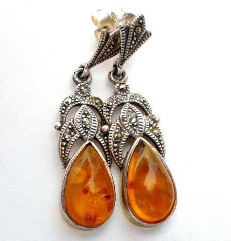 Sterling Silver Amber Earrings with Marcasites Vintage