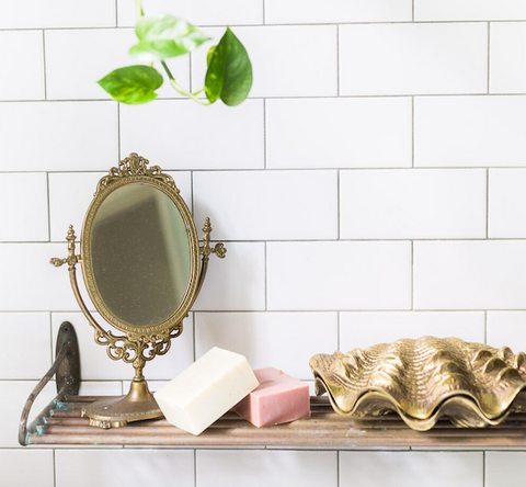 Clary Organic Pink Clay Soap on Bathroom Shelf