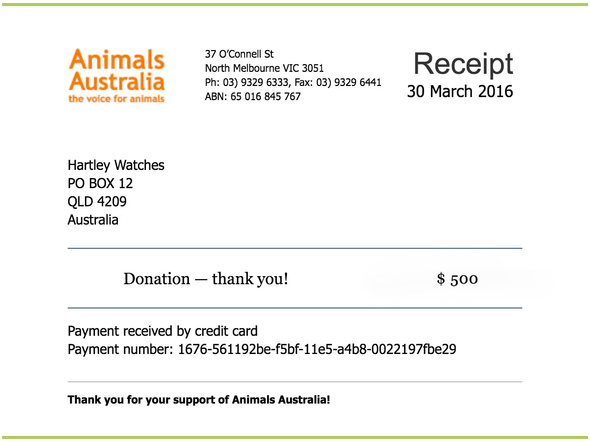 Donation Receipt Animals Australia