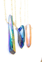 Rainbow aura titanium quartz point crystal necklace