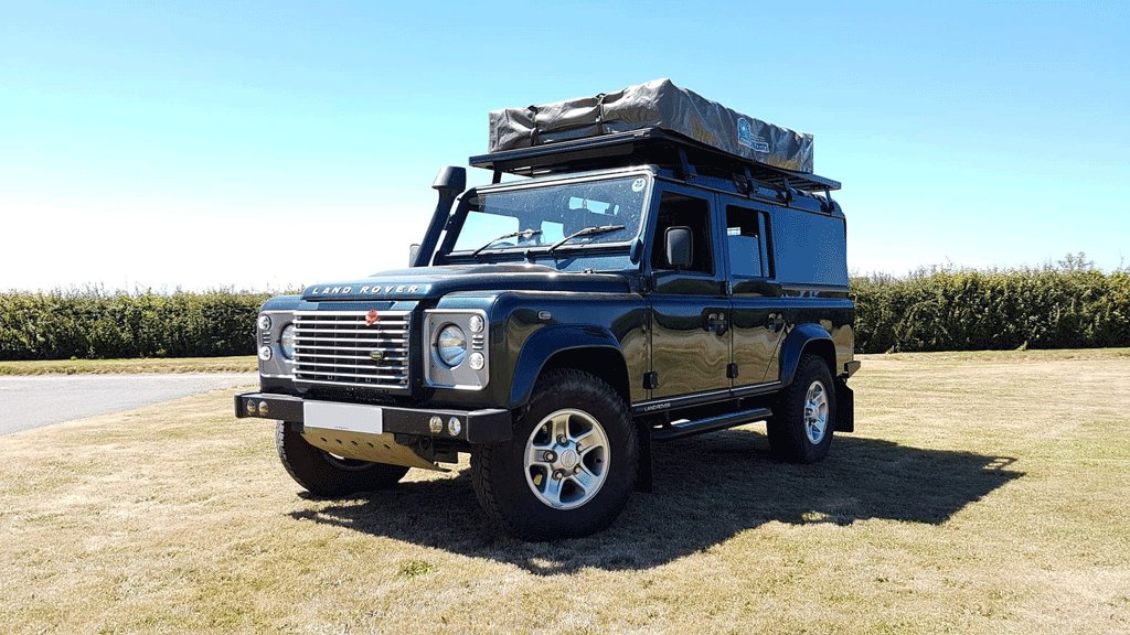 Land Rover Defender 110 Hannibal Roof Tent, Front Runner Roof Rack, Dog Guard and Ladder - Trek Overland