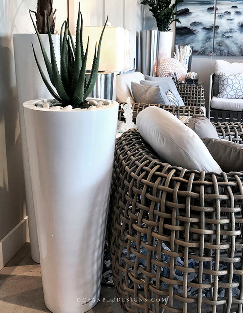 Ocean Blu Designs - The best modern Sleek, clean white and metal floor planters, luxury hotel style for patio or home decor
