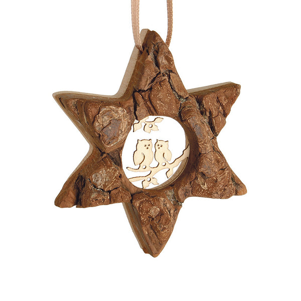 Bark Star Ornament with Owls