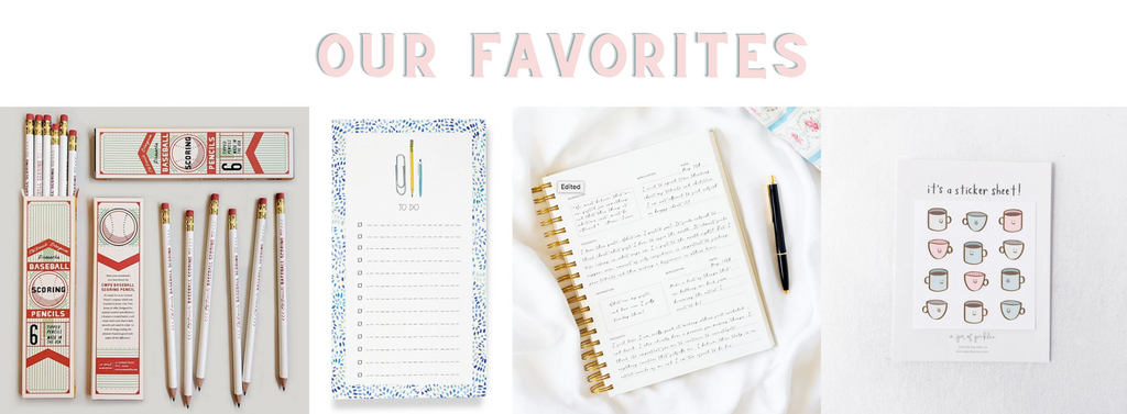 Favorite stationery products including pencils, notepads, notebooks, and stickers