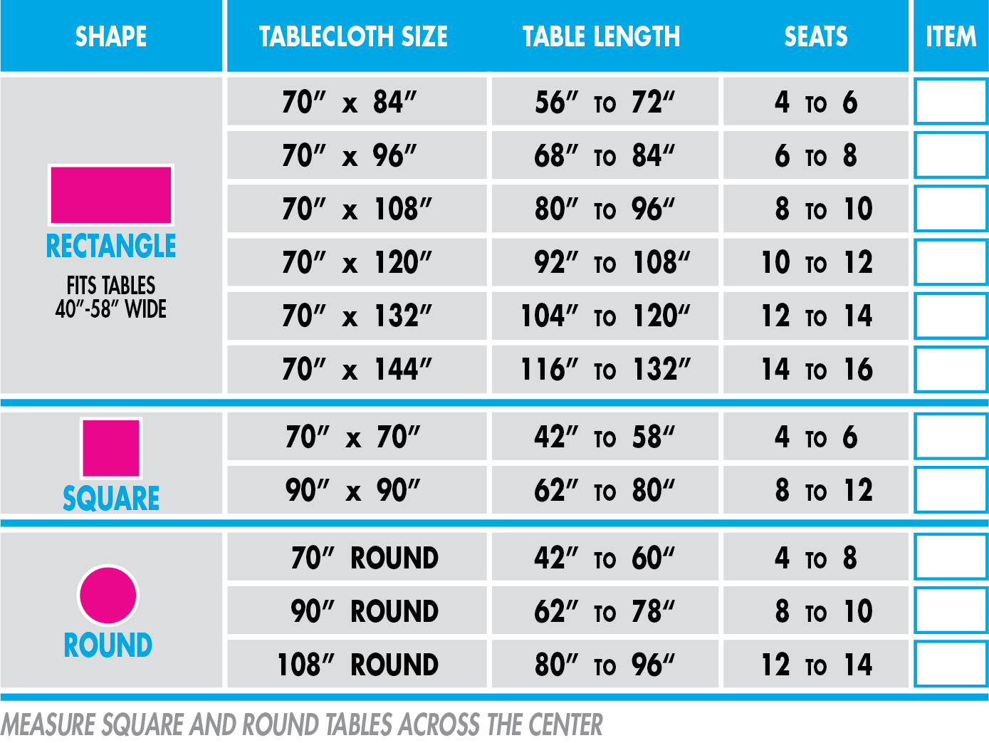 size chart for tablecloths