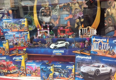 Playmobil Movie window display at Giddy Goat Toys