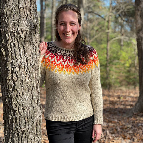 Arboreal handknit sweater with Elora yarn